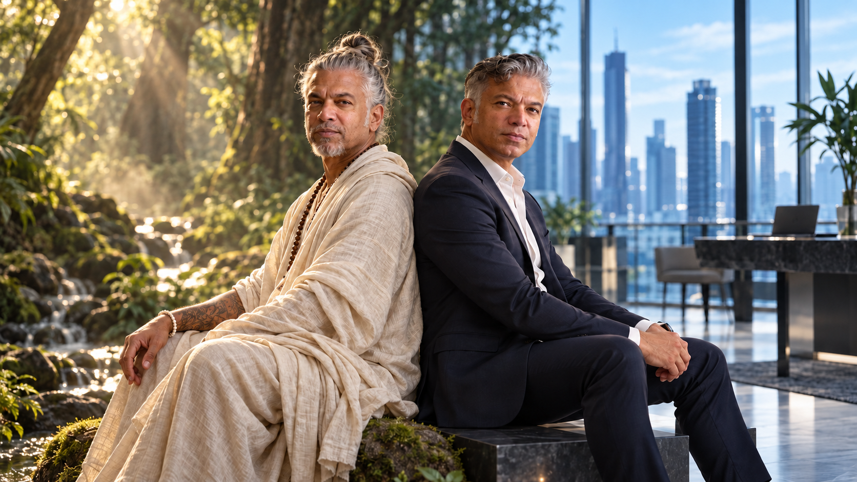 Two versions of AJ sit back-to-back: one in a sunlit forest and one in a modern office.